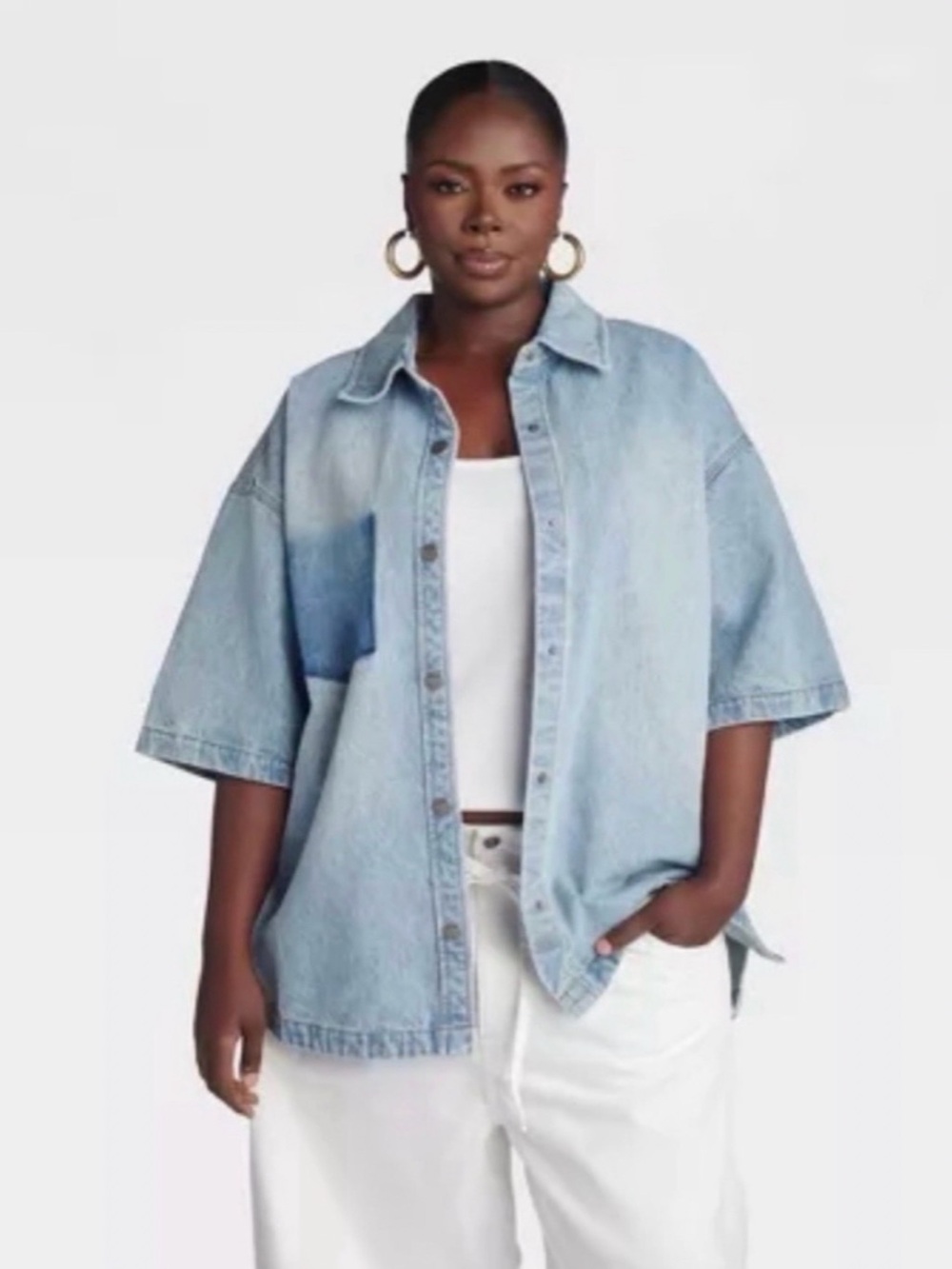 KBB by KAHLANA Women's Short Sleeve The Boxy Denim Shirt Light Wash 2X NWT